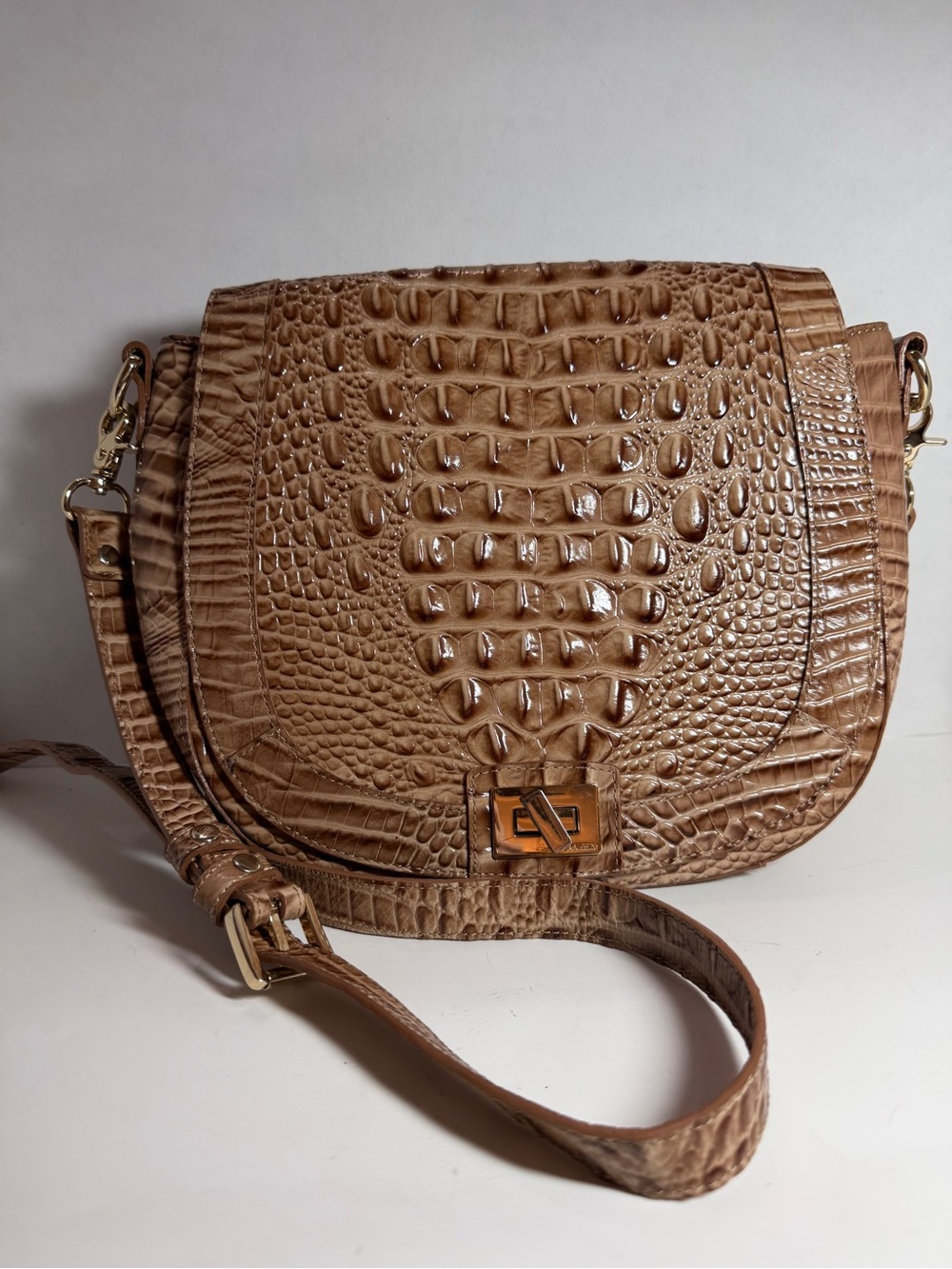 Brahmin Tan Croc-Embossed Leather Crossbody Saddle Bag